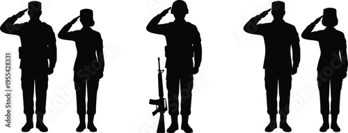soldier silhouettes saluting set, military personnel collection, army men and women, defense service concept, isolated black silhouettes illustration pack