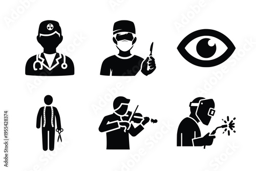Collection of black silhouette icons representing various professions and an eye symbol.