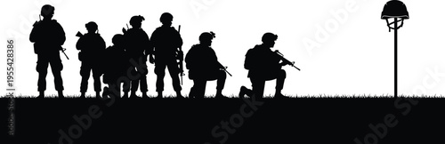 Soldiers silhouettes group military tribute battlefield memorial fallen hero helmet rifle vector illustration war remembrance concept isolated design
