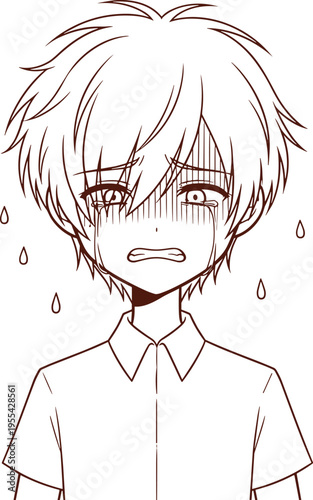 Anime style line art illustration of distressed character with short messy hair, wide eyes, sweat drops and anxious expression, representing stress, tension and emotion