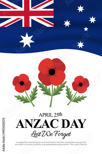 ANZAC Day remembrance poster with Australian flag, red poppies and Lest we forget text. Vector illustration. 