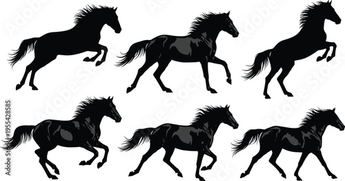 Set of Running Horse Silhouette Collection with Galloping Jumping and Trotting Poses for Equestrian Sports Ranch Wildlife and Wild West Design