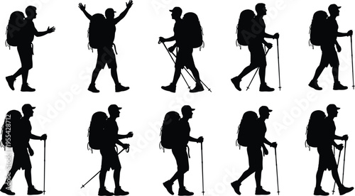 Black silhouette illustration of hiker carrying backpack and trekking poles, walking in multiple poses, outdoor adventure concept showing movement, posture, hiking stride and exploration journey
