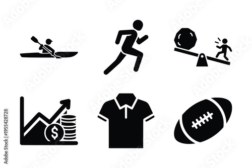 A collection of black silhouette icons depicting various activities and objects including kayaking, running, financial growth, a polo shirt, a see-saw, and an American football.