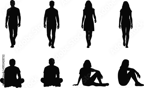 Black silhouette illustration of human figures in standing and seated poses, walking forward or sitting relaxed, emphasizing posture, gesture, movement, and body outline reference