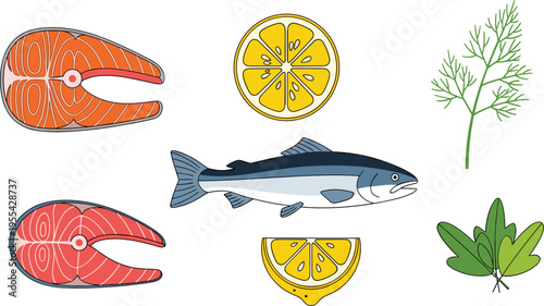 Salmon fish and ingredients illustration set with lemon slices herbs and seafood elements for cooking and healthy food collection