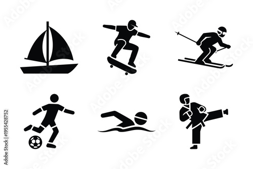 Collection of six black silhouette icons depicting various sports and leisure activities such as sailing, skateboarding, skiing, soccer, swimming, and martial arts.