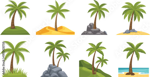 Palm tree landscape illustration set with tropical islands beach sand rocks grass and summer nature scenery elements collection
