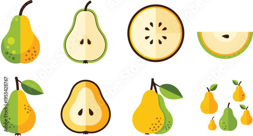 Pear fruit illustration set with whole sliced halves seeds and different varieties fresh organic healthy food collection