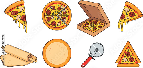 Pizza cooking and ingredients illustration set with slices whole pizza box dough rolling pin cutter and Italian food elements collection