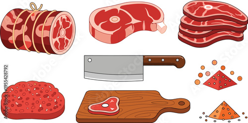 Raw meat and butcher tools illustration set with steak ribs minced beef cleaver cutting board and cooking ingredients collection