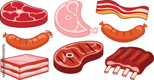 Raw and cooked meat illustration set with steak pork bacon sausage ribs and butcher food elements collection