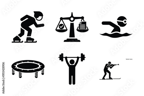A collection of black silhouette icons depicting various sports activities including ice skating, swimming, weightlifting, biathlon, and a trampoline, alongside a balance scale.