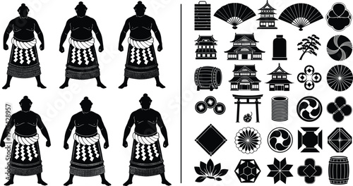 Black silhouette illustration of sumo wrestlers with traditional attire alongside Japanese cultural icons including pagodas, fans, torii gates, lotus flowers and kamon symbols