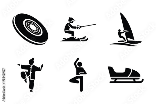 A collection of six black silhouette icons depicting various sports and leisure activities including frisbee, water skiing, windsurfing, tai chi, yoga, and bobsled.