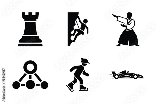 A collection of six black silhouette icons representing various sports, leisure activities, and a network concept on a white background.
