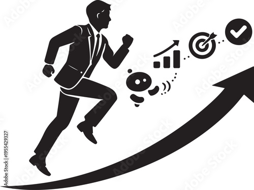 A businessman sprints upward leaving obstacles behind symbolizing success and achieving ambitious goals high quality
