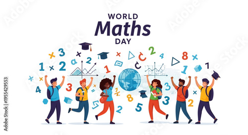 Illustration of diverse students celebrating World Maths Day with mathematical symbols and equations in a colorful, joyful scene.