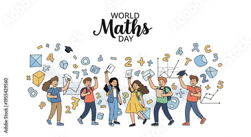 Illustration of diverse students celebrating World Maths Day with math symbols and equations in a colorful, joyful scene.