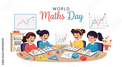 Illustration of four students learning mathematics with equations and graphs on World Maths Day in a colorful classroom setting.