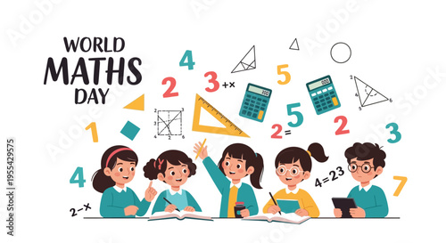 Illustration of children learning mathematics on World Maths Day with colorful numbers and geometric shapes floating around them.
