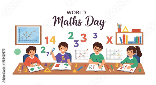 Illustration of children learning mathematics on World Maths Day with colorful educational materials and equations in a classroom setting.