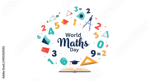 Illustration of a World Maths Day design with mathematical symbols and equations surrounding a book and graduation cap on a white background, conveying a math education concept.