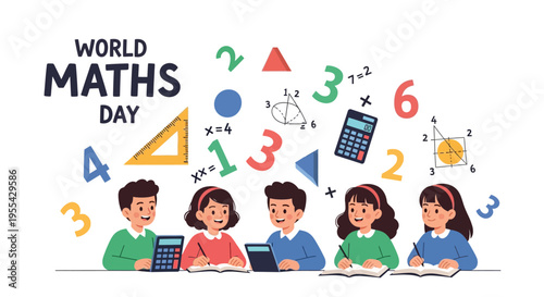 Illustration of children learning mathematics on laptops with math symbols and equations floating around them on World Maths Day with a colorful and educational mood.
