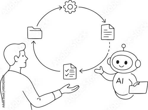 Illustration depicting a workflow involving human interaction ai data processing and iterative feedback high quality