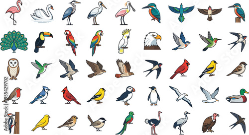 Comprehensive Flat Vector Bird Icon Set Featuring Flamingo Swan Peacock Toucan Parrot Eagle Owl Penguin and Kingfisher for Nature and Wildlife Designs