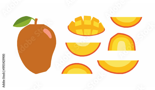 Minimal flat mango fruit vector set with whole and sliced pieces modern clean tropical food illustration