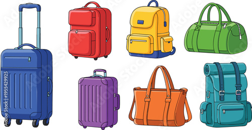 Travel bags and luggage illustration set with suitcase backpack duffel carry on and travel gear accessories collection