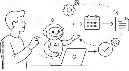 A man interacts with an ai robot illustrating automated workflows and digital task management