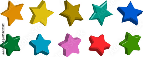 Colorful 3D star collection, set of glossy five pointed stars with different perspectives and angles