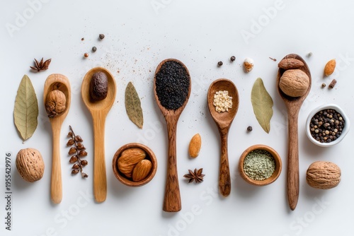 Assortment of Spices and Nuts in Wooden Spoons and Bowls.