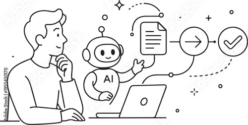 A person contemplates ideas with an ai robot assisting in a digital workflow process