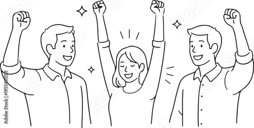 A line drawing depicts three smiling people celebrating with raised arms and sparkling stars