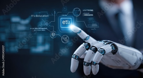 Robotic Arm Interacting with Digital ETL Interface for Data Management.