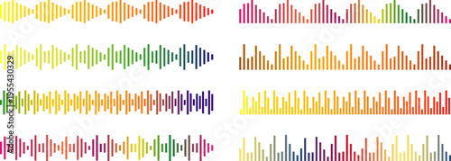 Colorful gradient audio wave visualizer set, vibrant music equalizer frequency bars