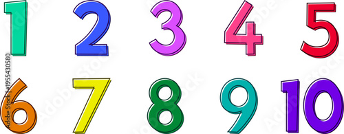 Colorful number set from 1 to 10 with outlines, educational numbers 1 to 10
