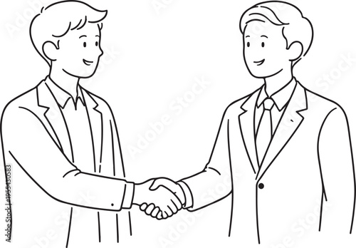Two formally dressed men are shaking hands in a simple clean black and white illustration