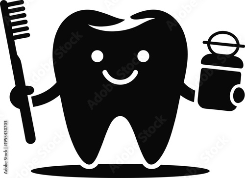 Cute Tooth Character Holding Toothbrush and Mouthwash, Smiling Dental Mascot Illustration for Oral Hygiene, Kids Dentistry, Healthcare Promotion, and Cartoon Medical Concept