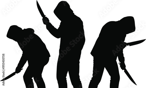Dangerous criminal silhouette with knife in threatening poses, hooded attacker holding sharp weapon isolated on white background, violence and crime concept illustration set