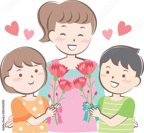 母の日にカーネーションを渡す男の子と女の子