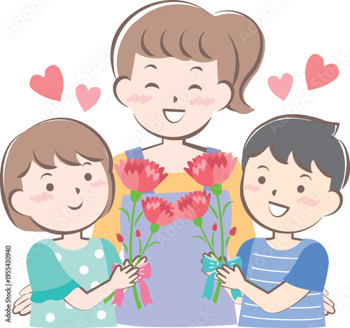 母の日にカーネーションを渡す男の子と女の子