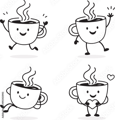 Four cheerful cartoon coffee cups with faces display various playful poses and expressions high quality