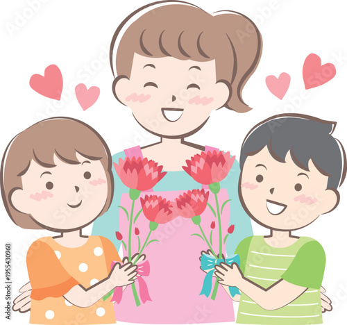 母の日にカーネーションを渡す男の子と女の子