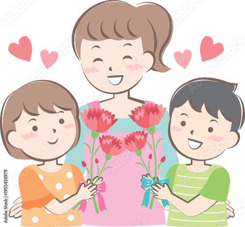 母の日にカーネーションを渡す男の子と女の子