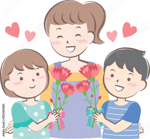 母の日にカーネーションを渡す男の子と女の子