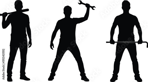 Men silhouettes with tools and bat, manual labor and aggression concept, worker and fighter poses, action figures isolated on white background